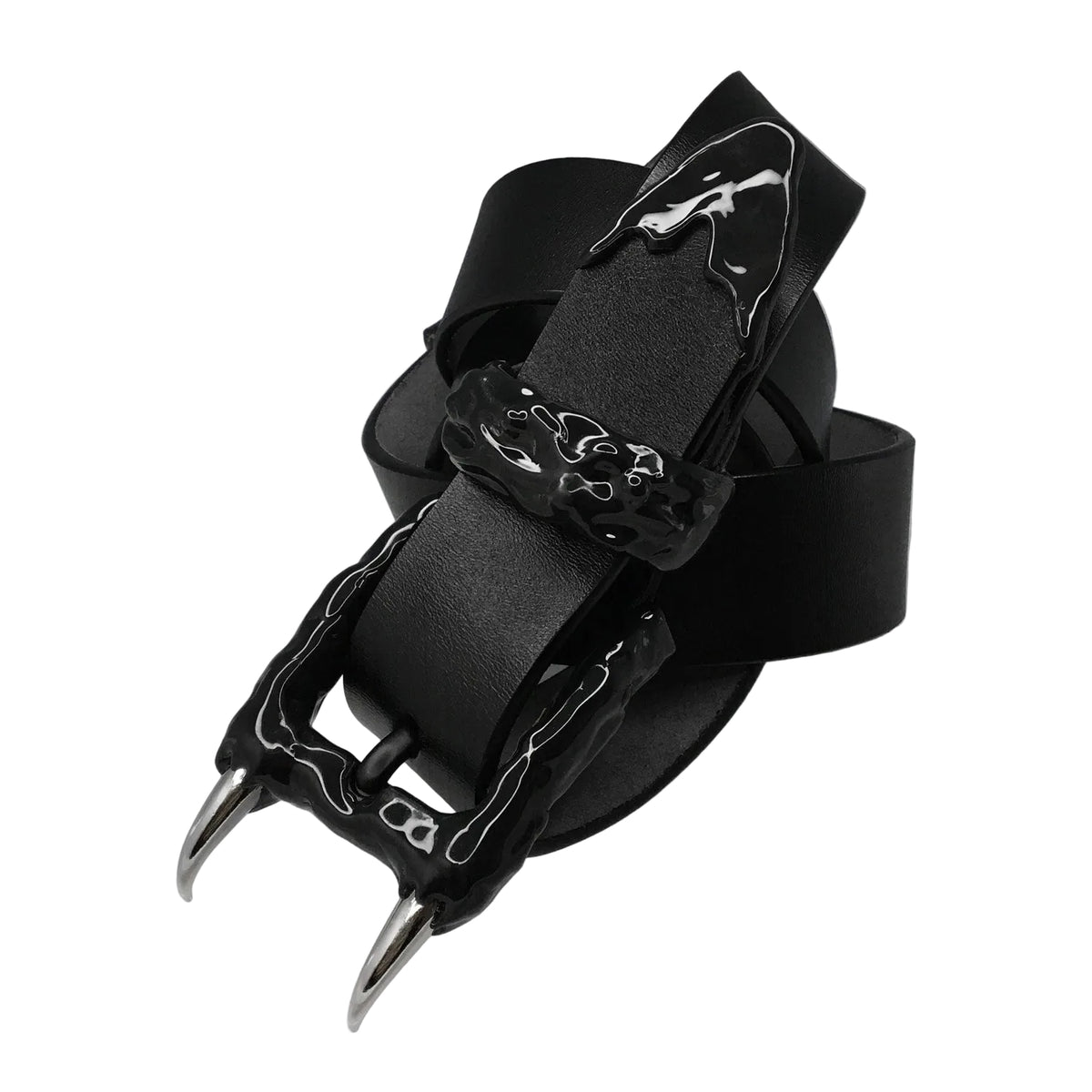 A black belt with a unique buckle and spikes, made of leather and coated with EVA polymer and varnish.