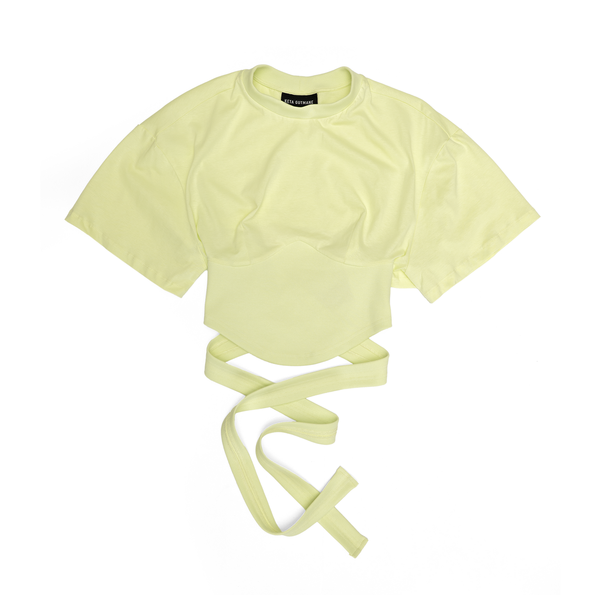 A pale yellow short-sleeve crop top with a tie-front detail, laid flat on a white background.
