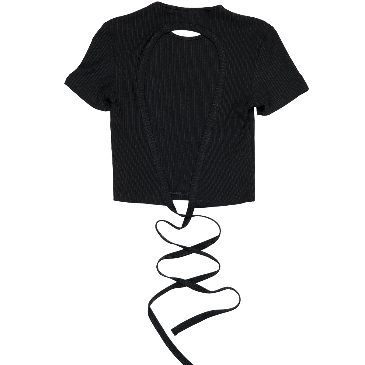 A black short-sleeve ribbed crop top with a large keyhole cutout at the back and long dangling tie straps, shown on a plain white background.