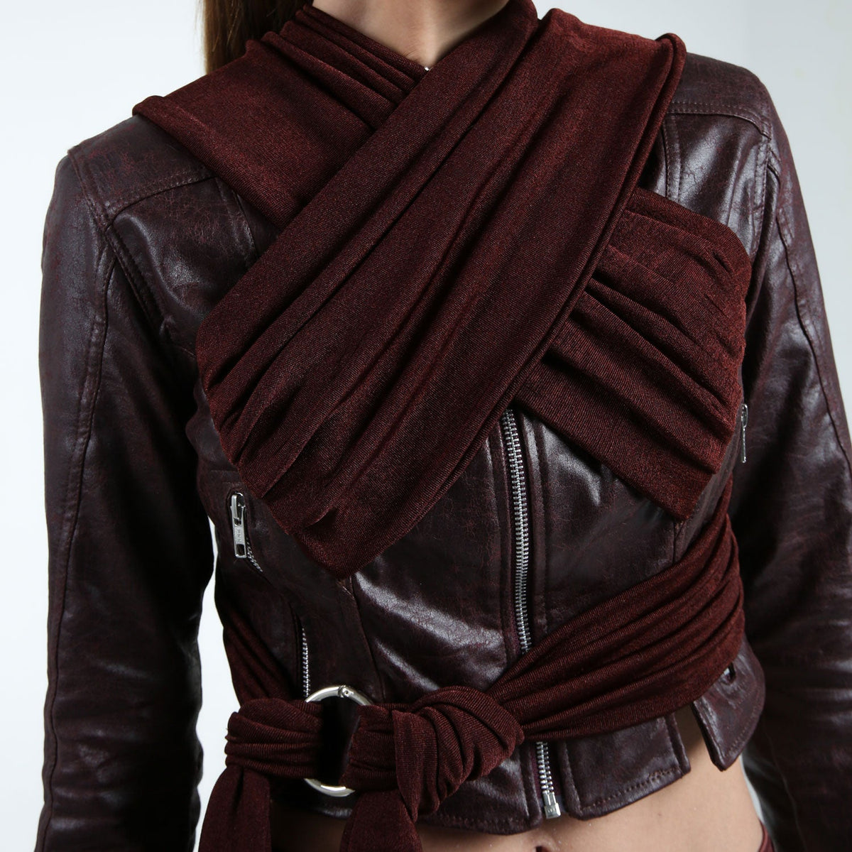 Burgundy Faux Leather Fitted Jacket with Front Scarf Wrap Detail - The Forumist