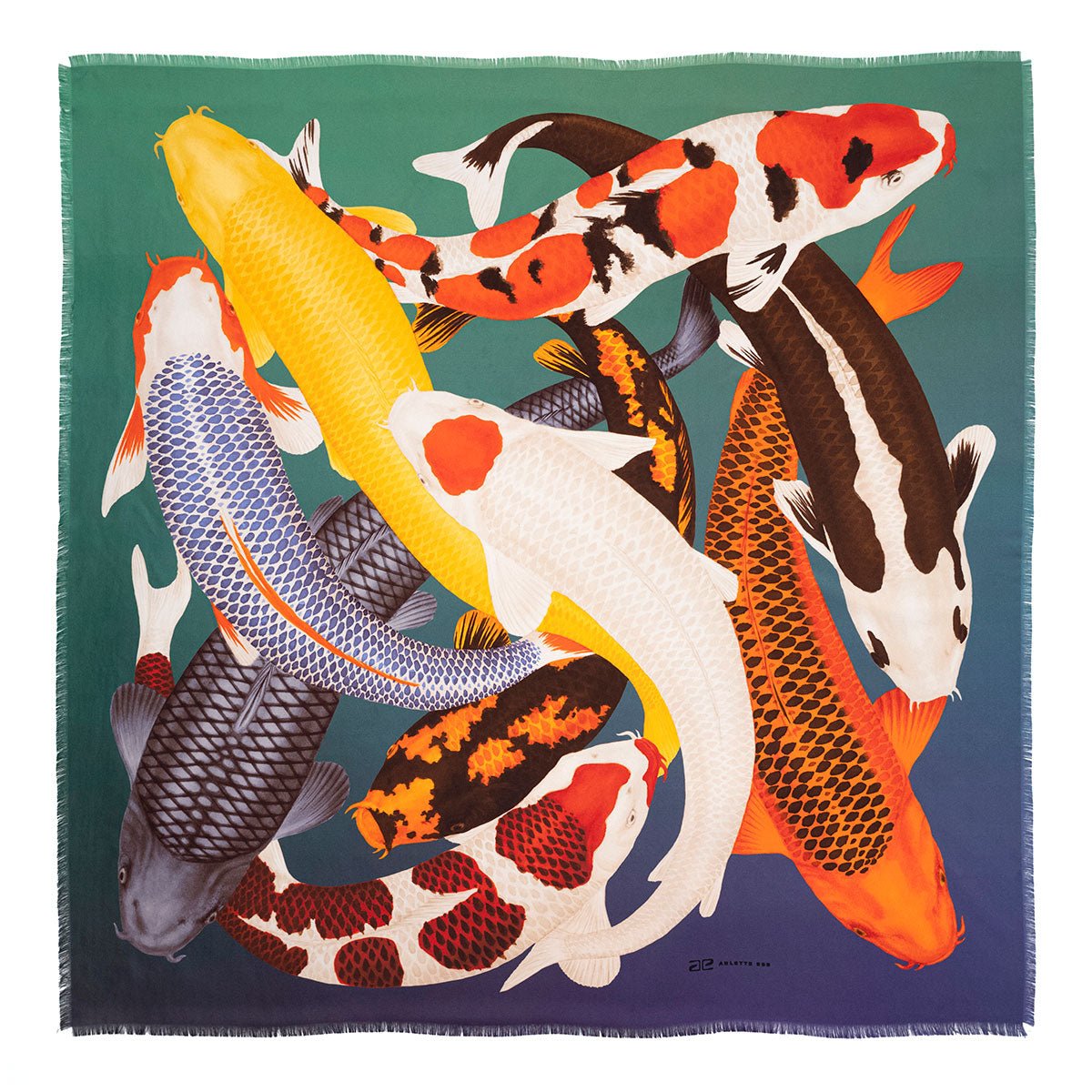 Koi II Green Purple – Fringed Silk Twill Scarf With Koi Print - The Forumist