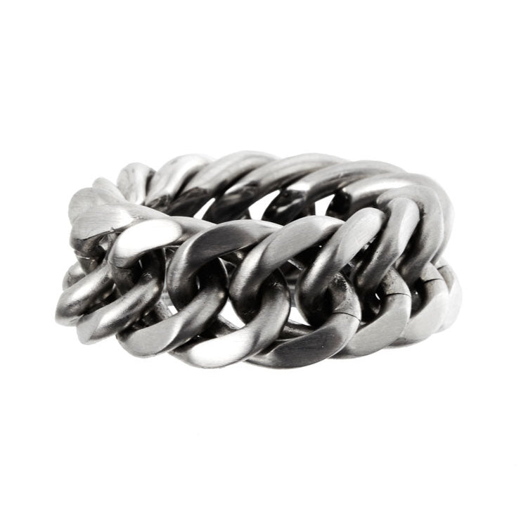 Silver chain-style ring on a white background