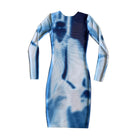 A blue and white printed mesh dress displayed on a mannequin, with raw-cut edges and a two-way print design.