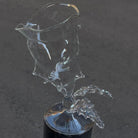 Clear glass sculpture on a dark gray background