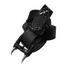 A black belt with a unique buckle and spikes, made of leather and coated with EVA polymer and varnish.