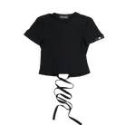 A black short-sleeve ribbed crop top with a front tie detail, shown flat on a white background.