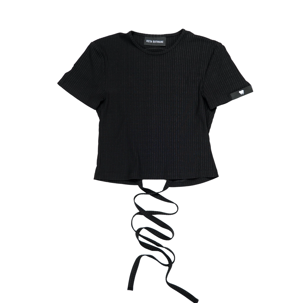 A black short-sleeve ribbed crop top with a front tie detail, shown flat on a white background.