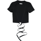 A black short-sleeve ribbed crop top with a large keyhole cutout at the back and long dangling tie straps, shown on a plain white background.