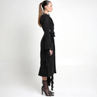 Black Wool Long Coat with Side Slits and Front Scarf Wrap Detail - The Forumist