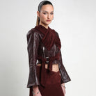 Burgundy Faux Leather Fitted Jacket with Front Scarf Wrap Detail - The Forumist