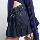 Distressed Asymmetrical Denim Skirt with Chunky Ring Belt - The Forumist