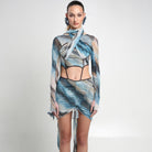 Printed Wrap Scarf Mesh Mini Dress - The Forumist