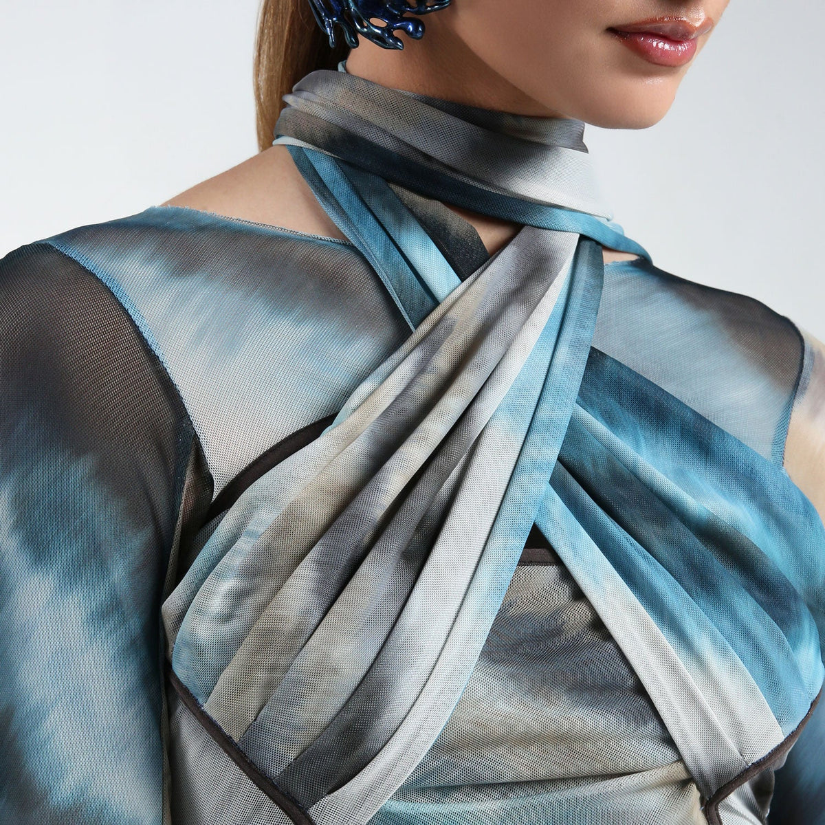 Printed Wrap Scarf Mesh Mini Dress - The Forumist